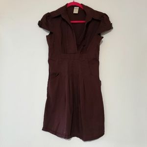 Brown mini dress cap sleeve v neck side pockets